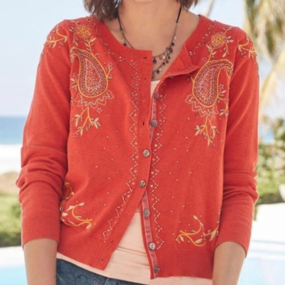 Sundance Salado Paisley Floral Beaded Sequined Embroidered Orange Cardigan